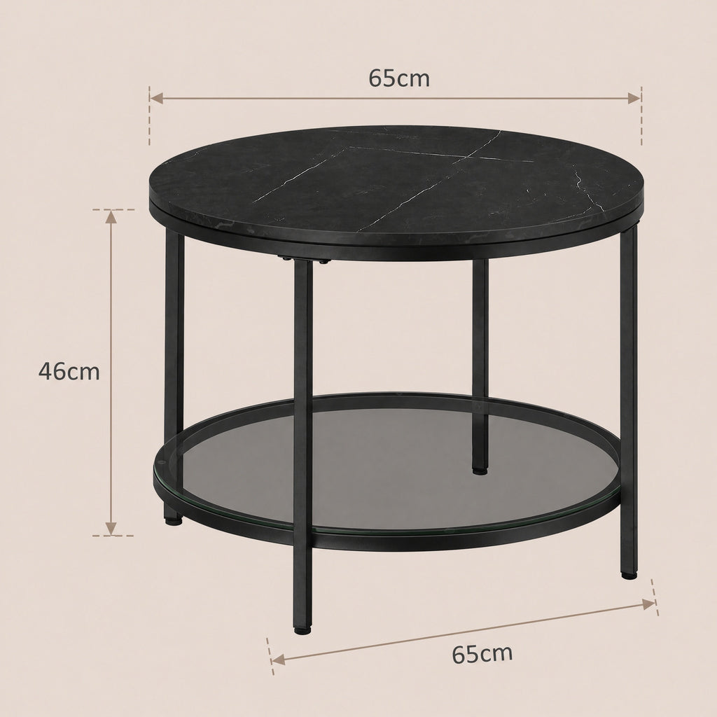 Couchtisch 2 Ebenen mit Glasplatte marmorschwarz-tintenschwarz