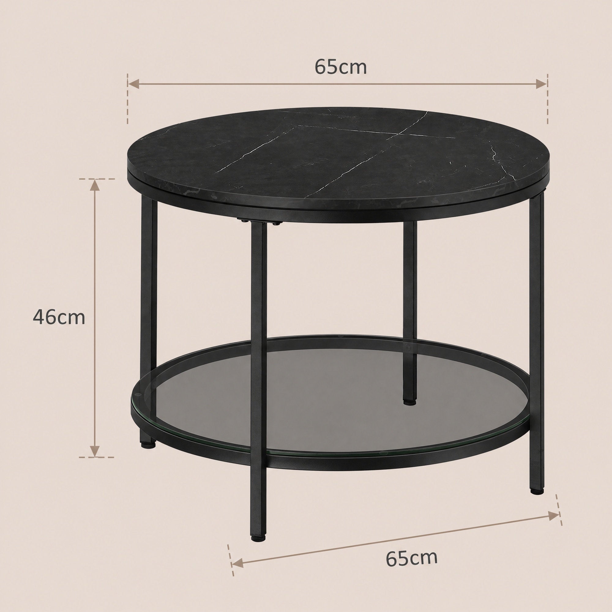 Couchtisch 2 Ebenen mit Glasplatte marmorschwarz-tintenschwarz