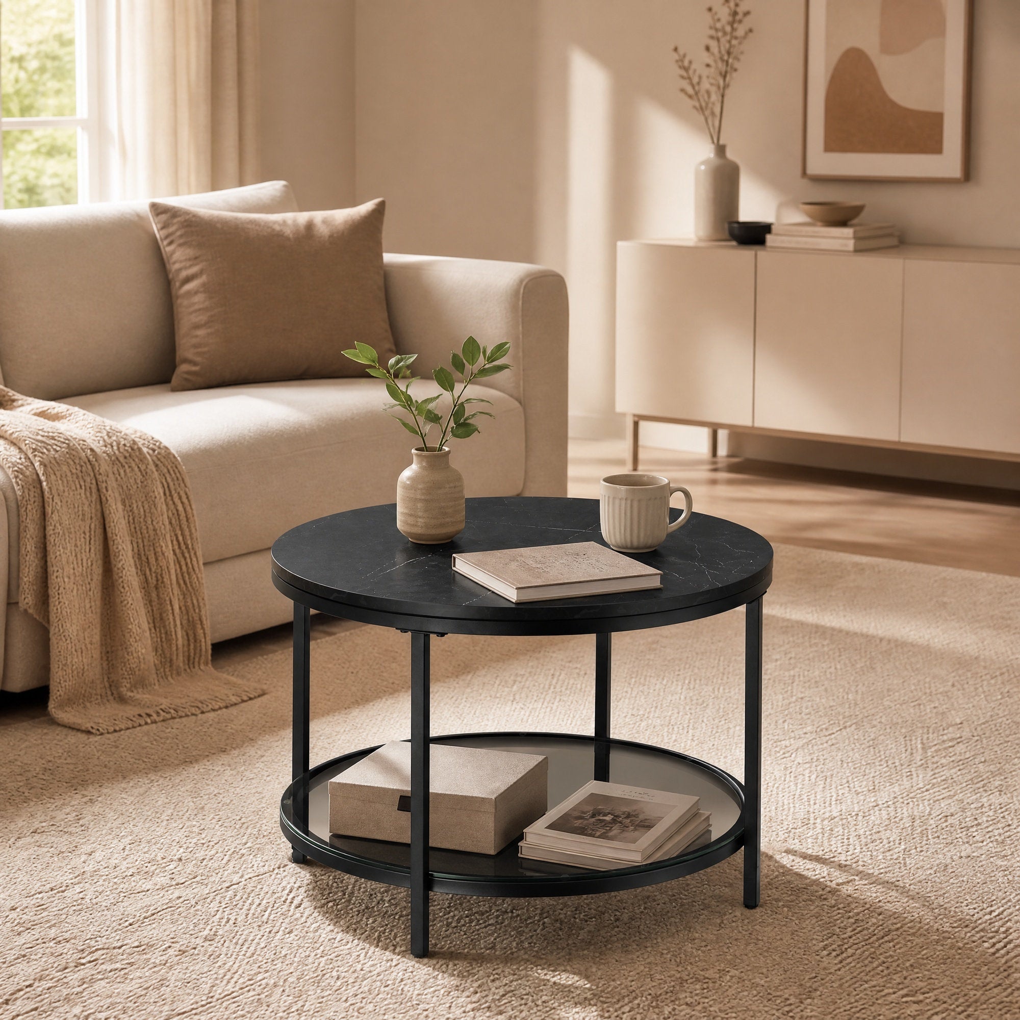 Couchtisch 2 Ebenen mit Glasplatte marmorschwarz-tintenschwarz