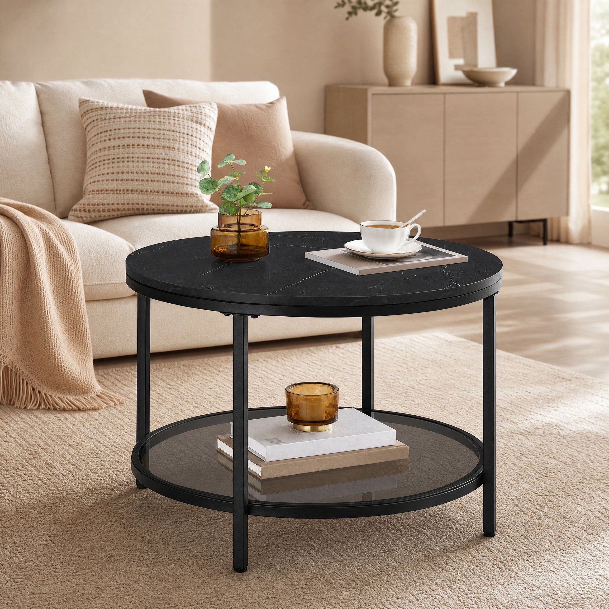 Couchtisch 2 Ebenen mit Glasplatte marmorschwarz-tintenschwarz