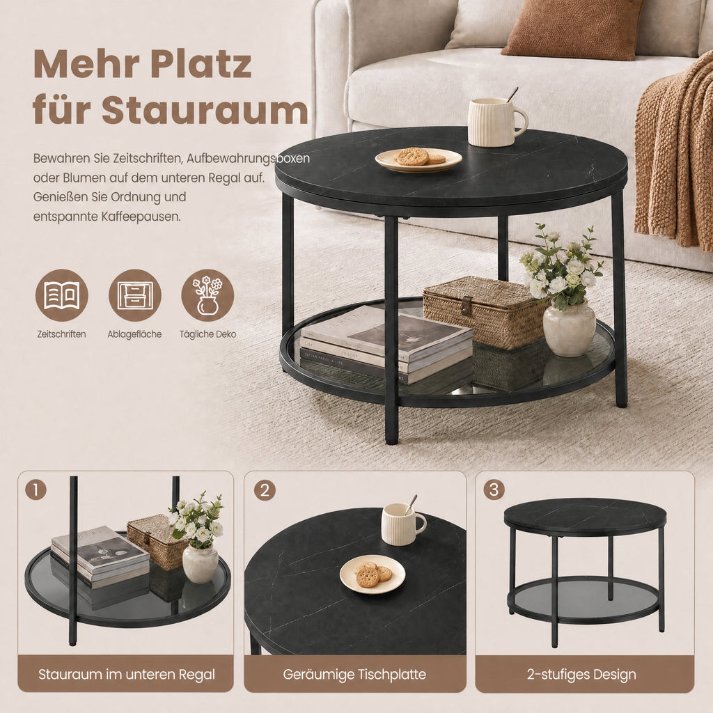 Couchtisch 2 Ebenen mit Glasplatte marmorschwarz-tintenschwarz