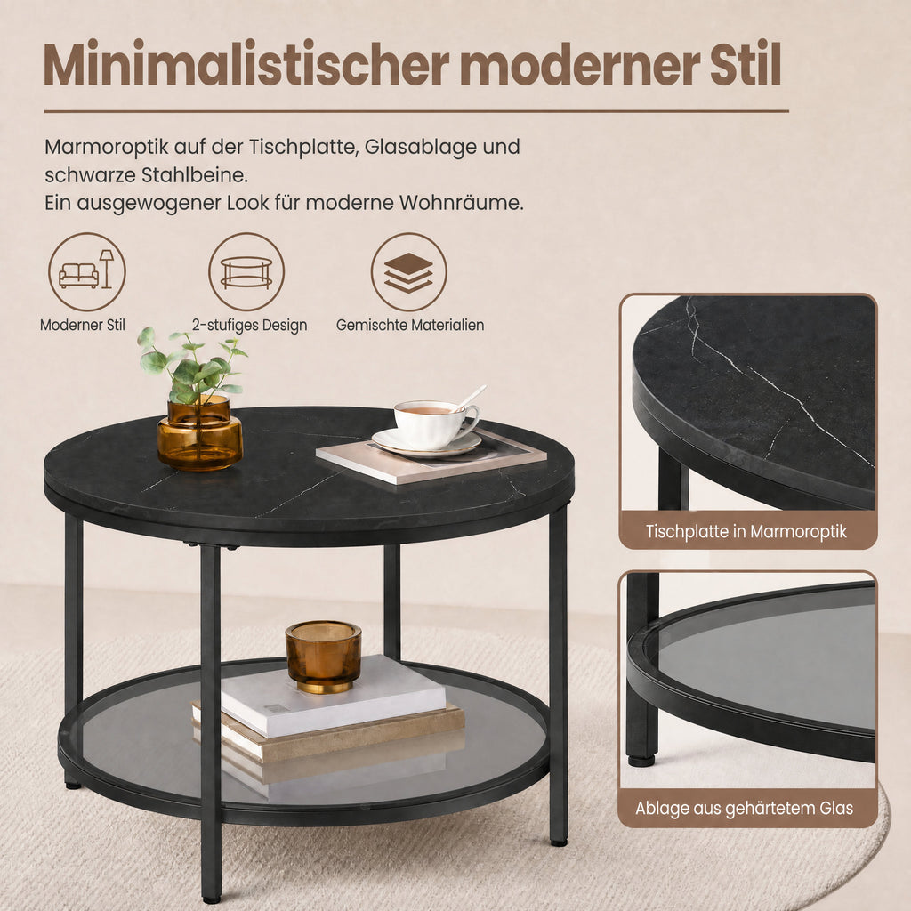 Couchtisch 2 Ebenen mit Glasplatte marmorschwarz-tintenschwarz