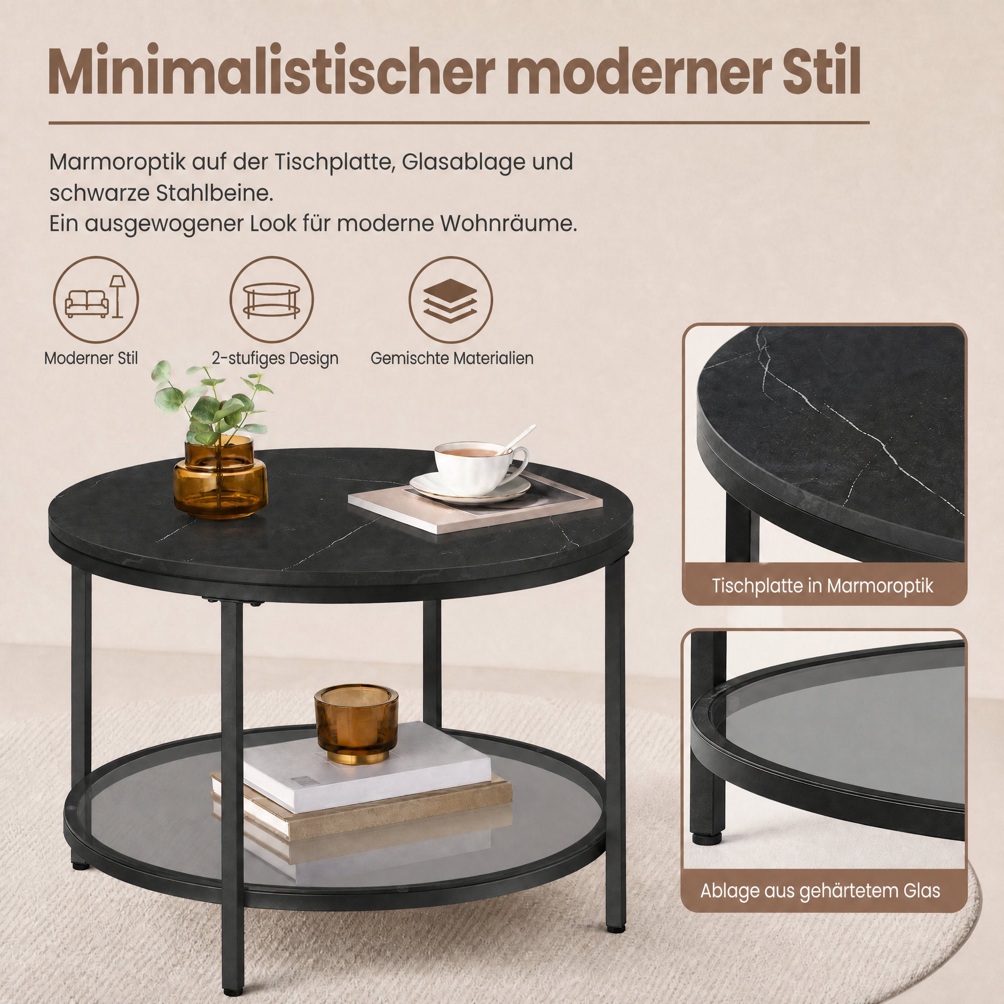 Couchtisch 2 Ebenen mit Glasplatte marmorschwarz-tintenschwarz