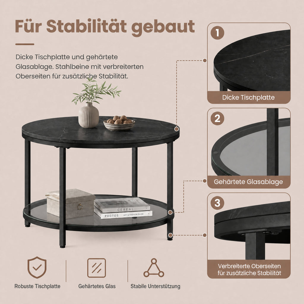 Couchtisch 2 Ebenen mit Glasplatte marmorschwarz-tintenschwarz