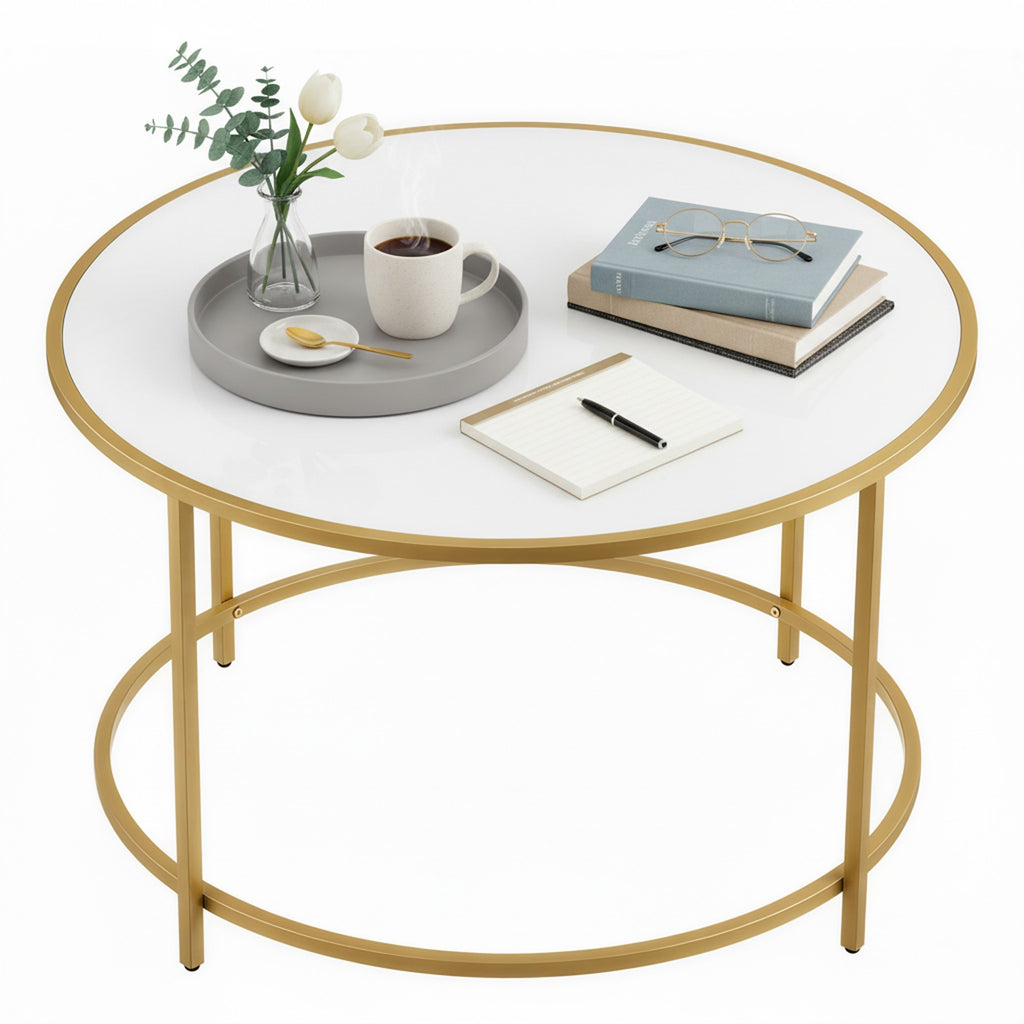 Couchtisch rund, Kaffeetisch mit Stahlgestell, Salontisch