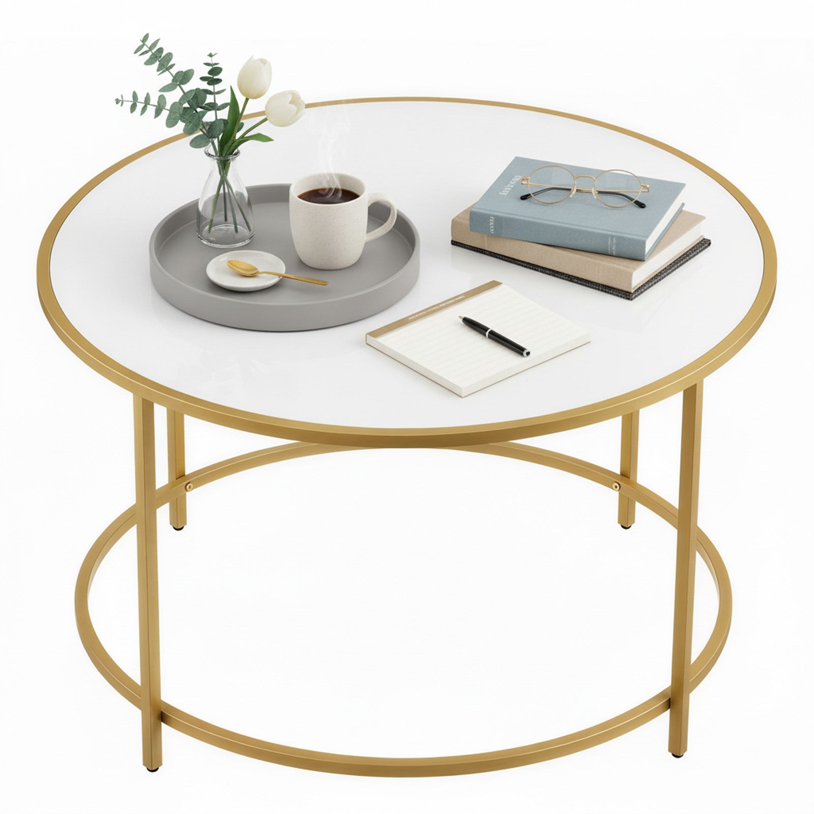 Couchtisch rund, Kaffeetisch mit Stahlgestell, Salontisch