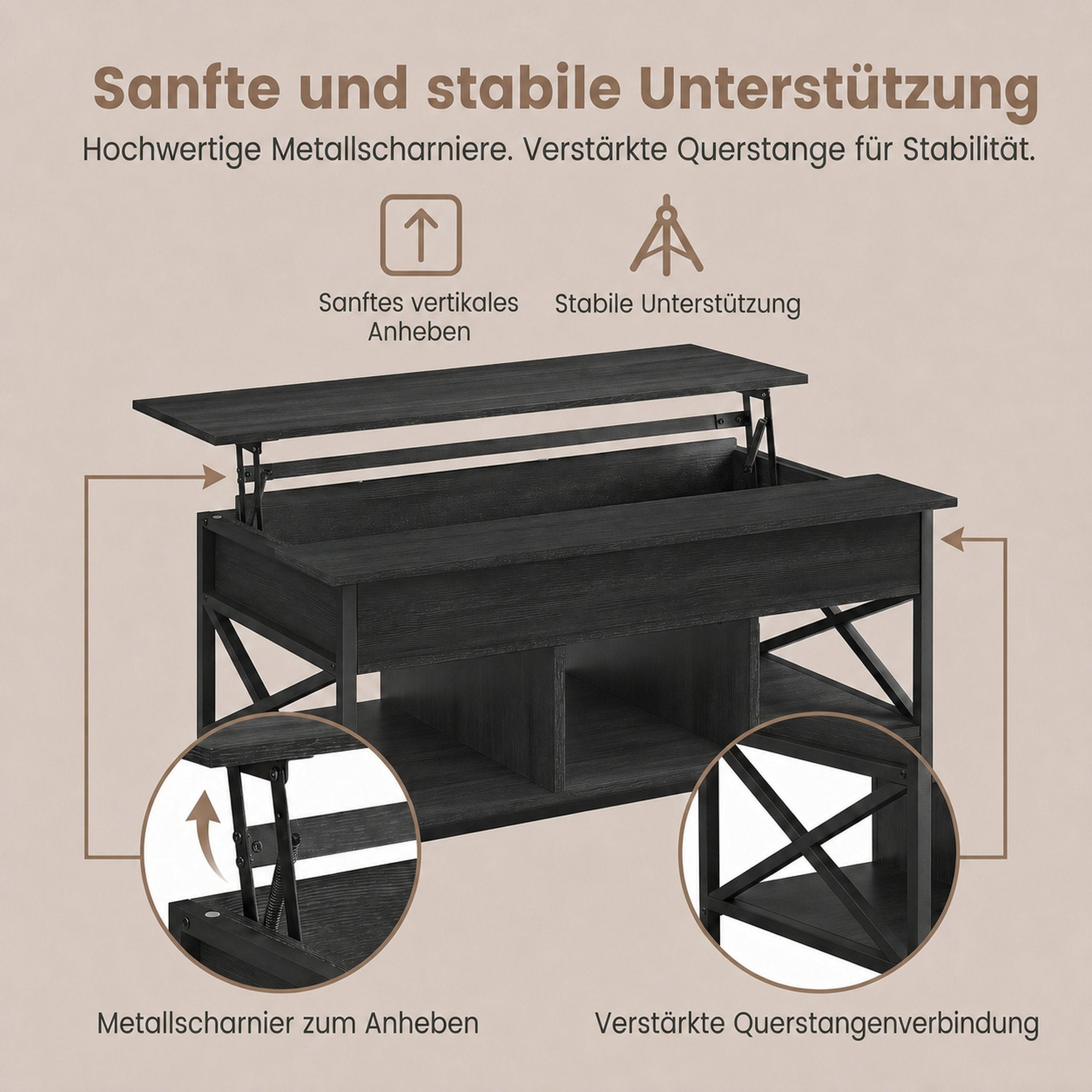 Couchtisch, höhenverstellbare Tischplatte, Kaffeetisch