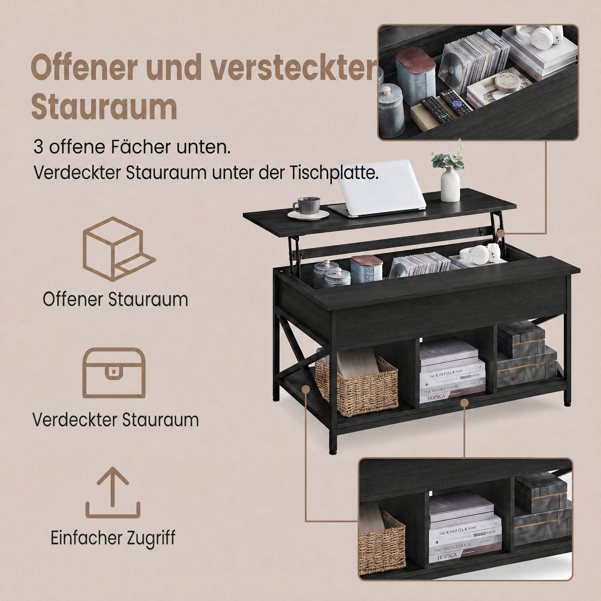 Couchtisch, höhenverstellbare Tischplatte, Kaffeetisch