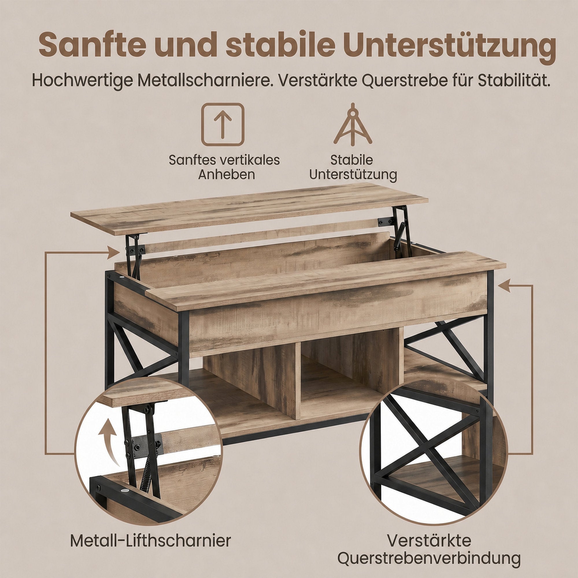 Couchtisch, höhenverstellbare Tischplatte, Kaffeetisch