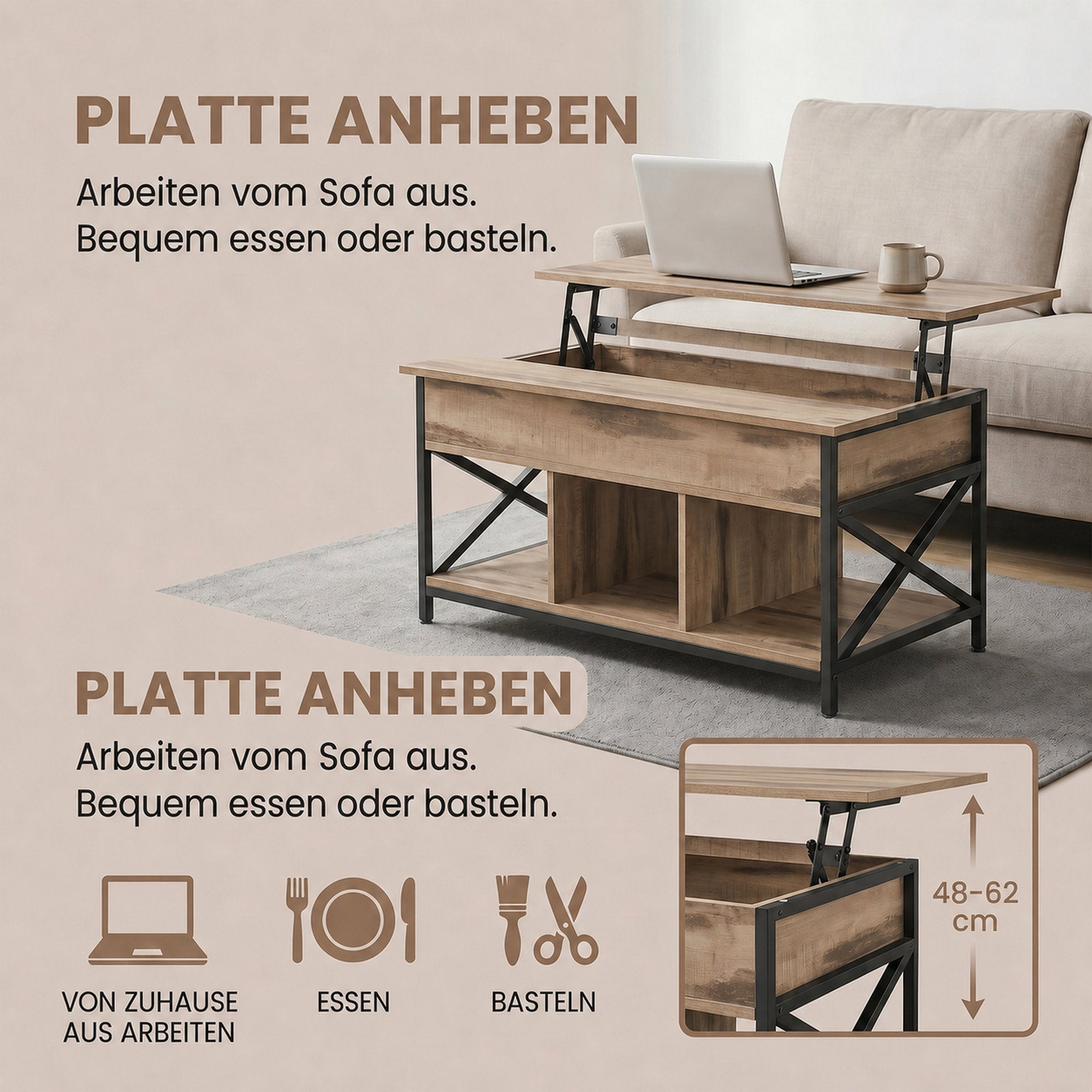 Couchtisch, höhenverstellbare Tischplatte, Kaffeetisch