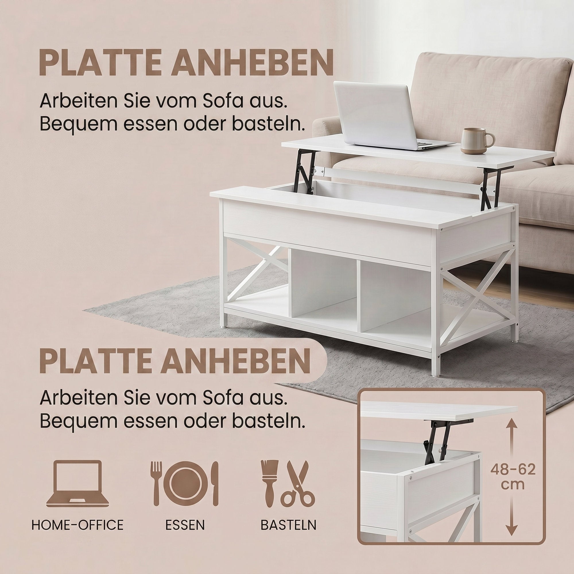 Couchtisch, höhenverstellbare Tischplatte, Kaffeetisch