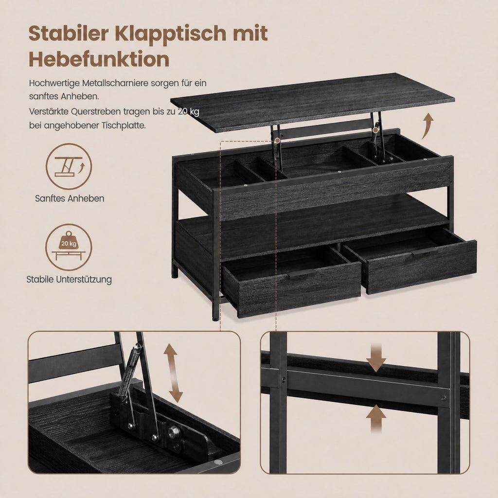 Couchtisch, Wohnzimmertisch, höhenverstellbare Tischplatte