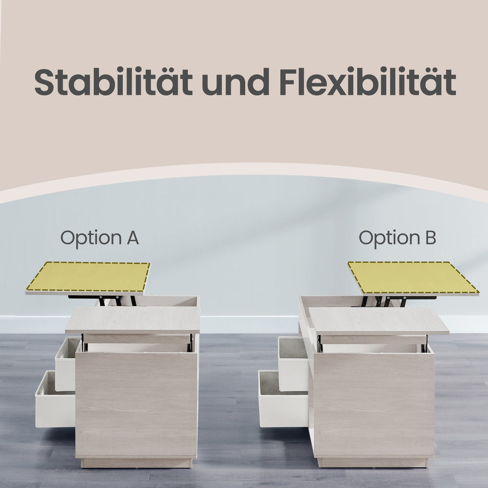 Couchtisch höhenverstellbar, Wohnzimmertisch, 2 Schubladen