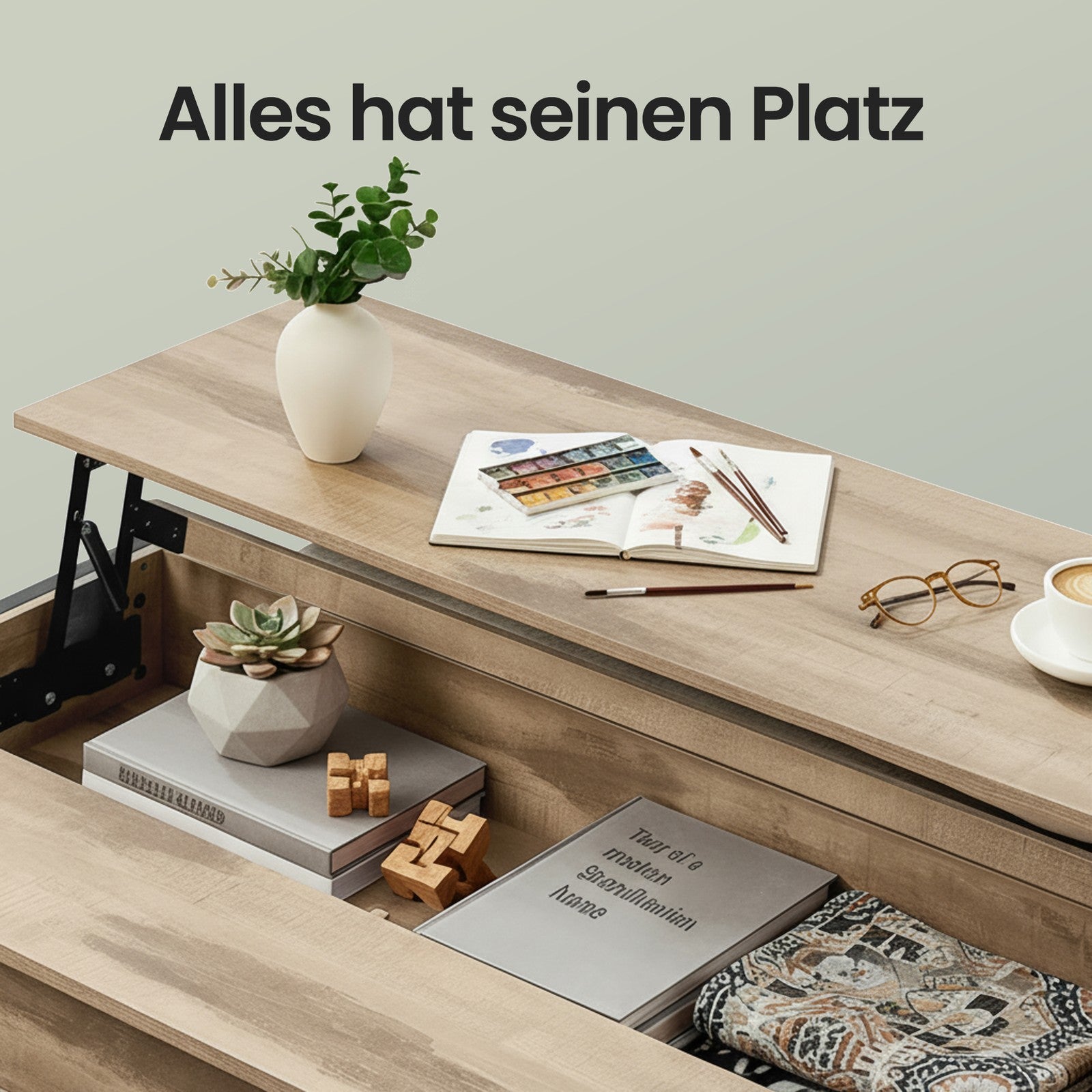 Höhenverstellbarer Couchtisch, Kaffeetisch, offener und versteckter Stauraum