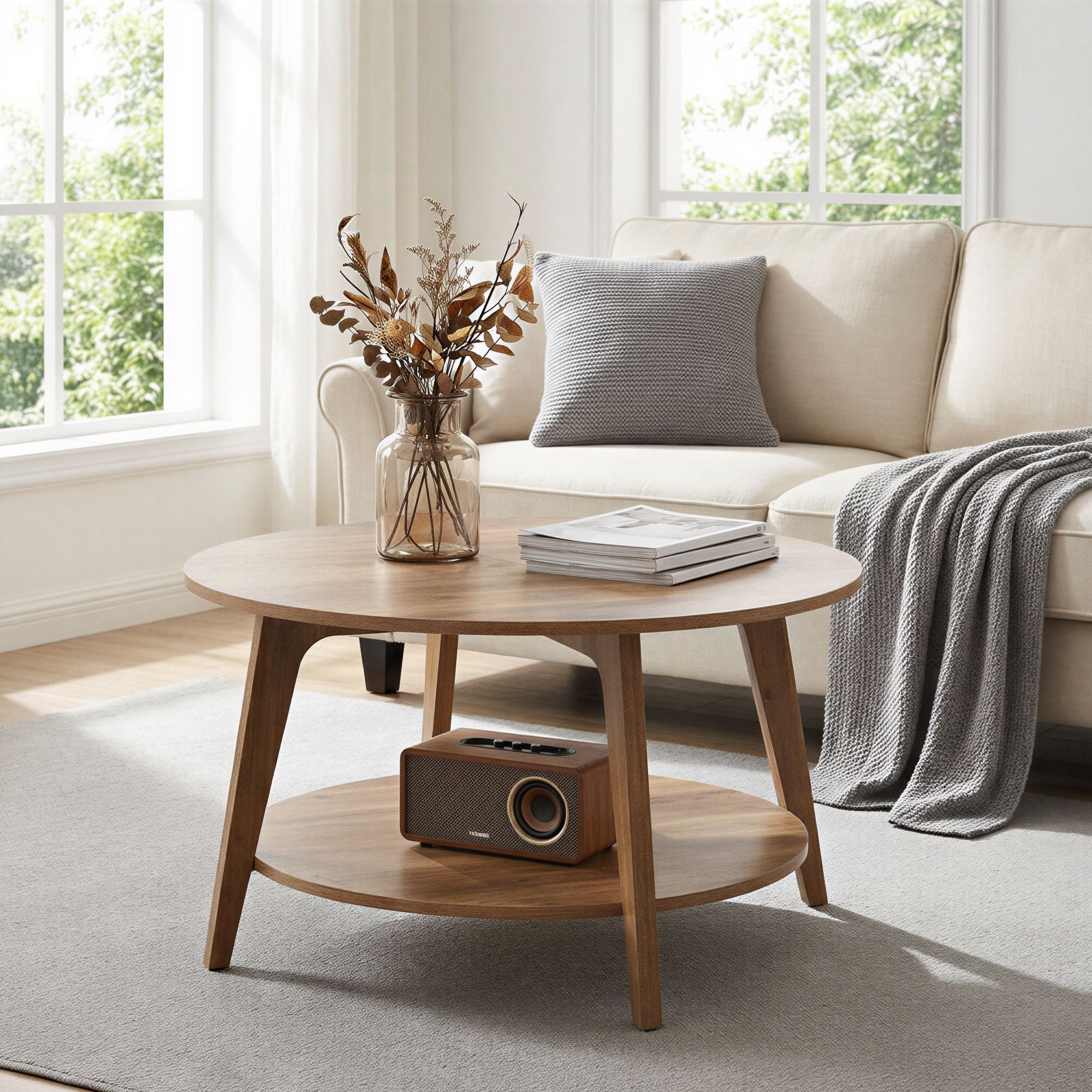 Couchtisch rund, mit 2 Ebenen, Kaffeetisch für Wohnzimmer