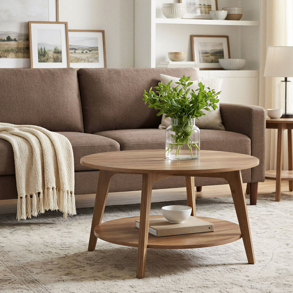 Couchtisch rund, mit 2 Ebenen, Kaffeetisch für Wohnzimmer