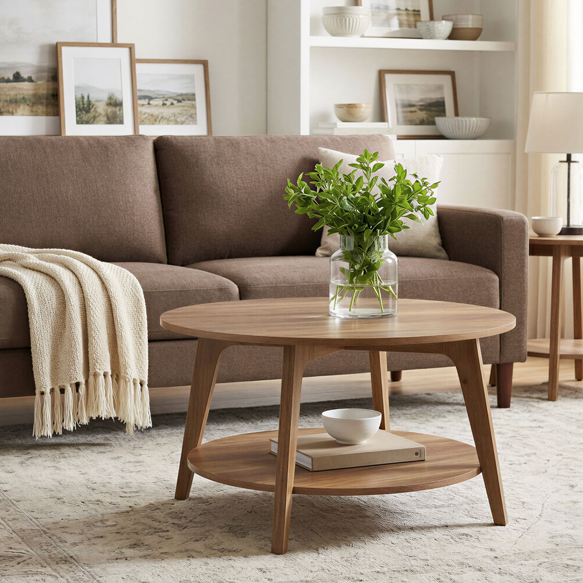 Couchtisch rund, mit 2 Ebenen, Kaffeetisch für Wohnzimmer