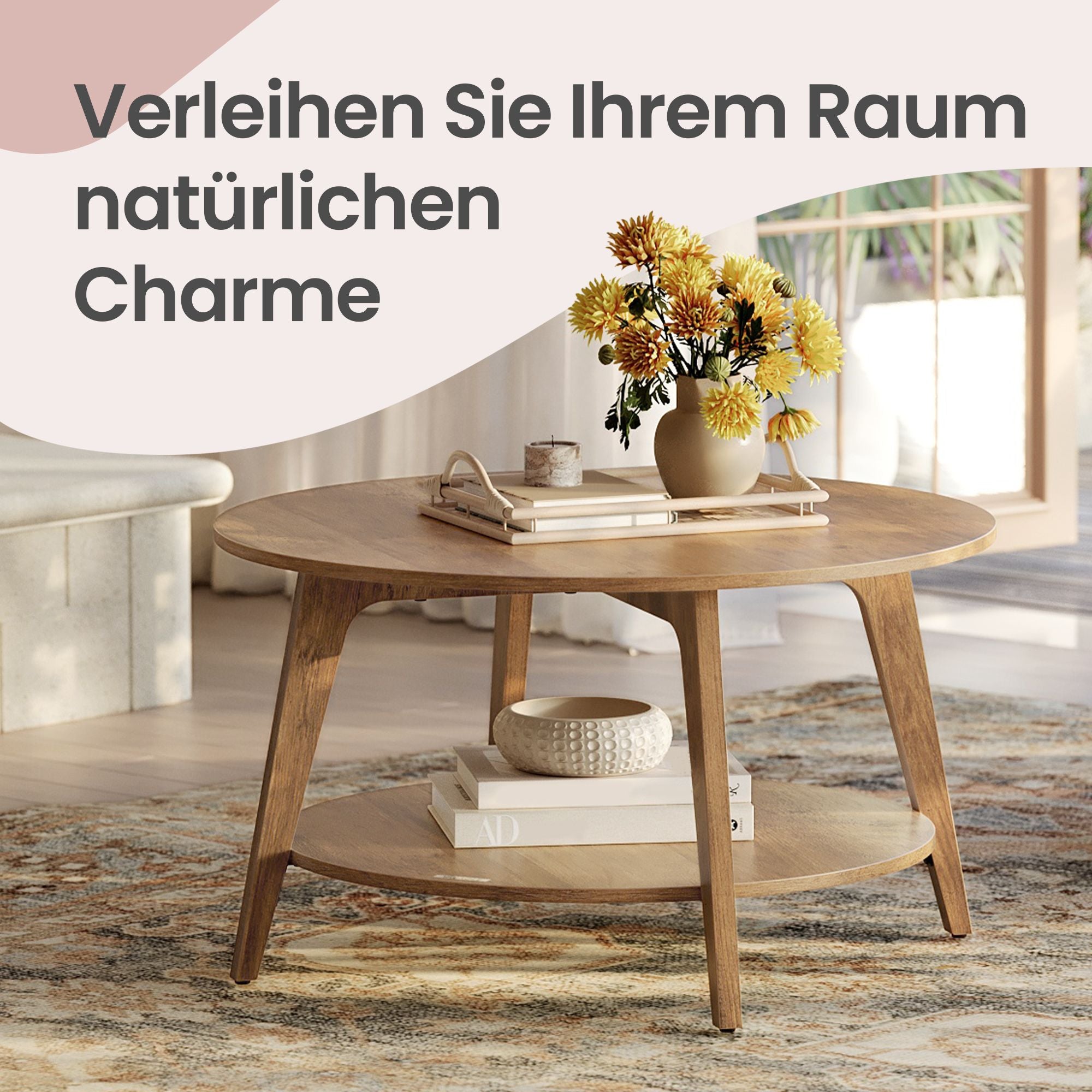Couchtisch rund, mit 2 Ebenen, Kaffeetisch für Wohnzimmer
