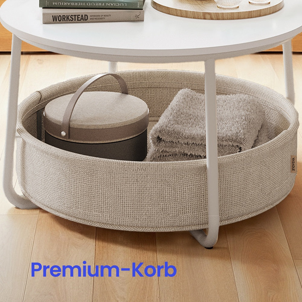 Couchtisch rund, Beistelltisch mit Stauraum, Wohnzimmertisch mit Korb aus Stoff