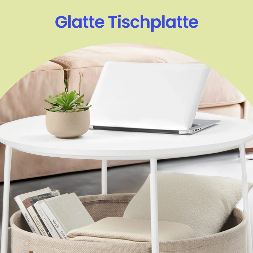 Couchtisch rund, Beistelltisch mit Stauraum, Wohnzimmertisch mit Korb aus Stoff