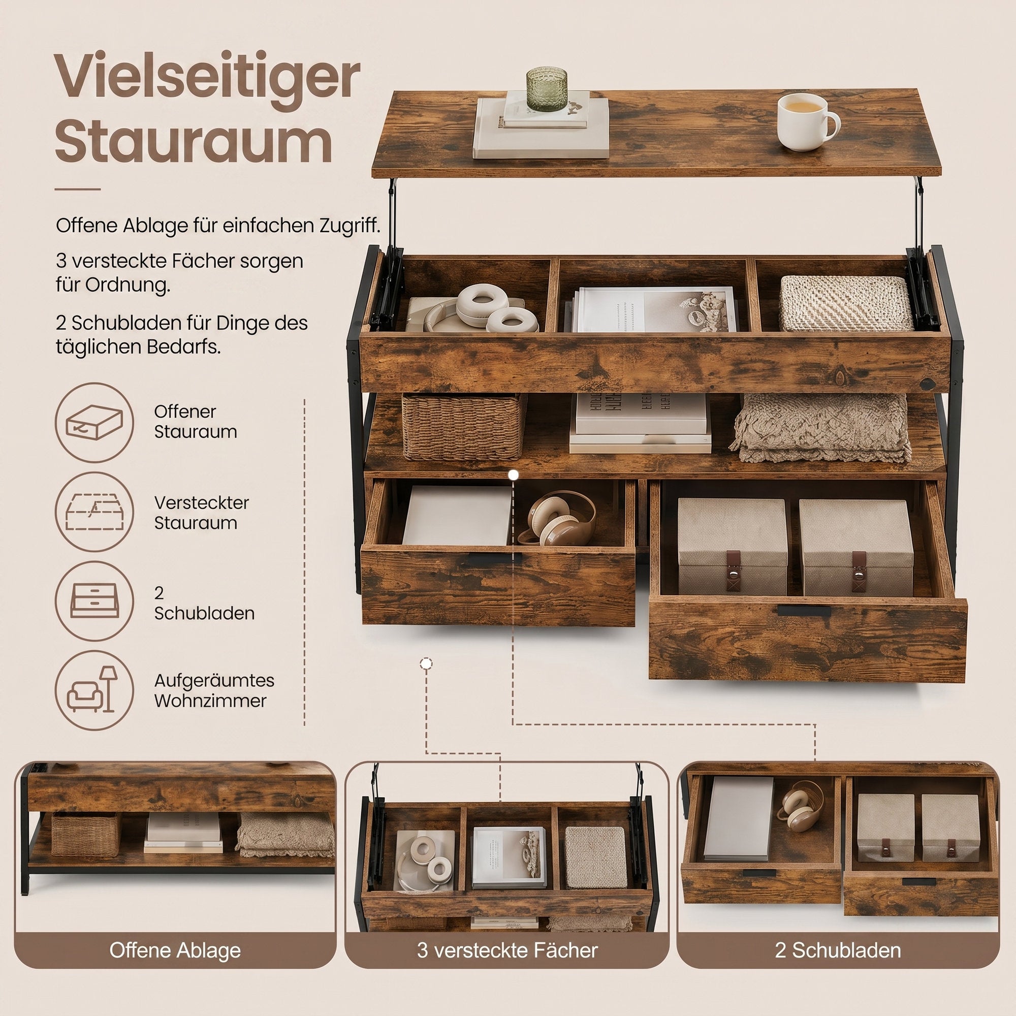 Wohnzimmertisch, höhenverstellbarer Sofatisch, Kaffeetisch für Wohnzimmer