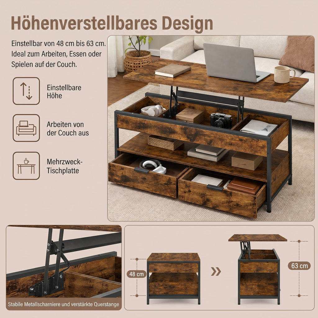 Wohnzimmertisch, höhenverstellbarer Sofatisch, Kaffeetisch für Wohnzimmer