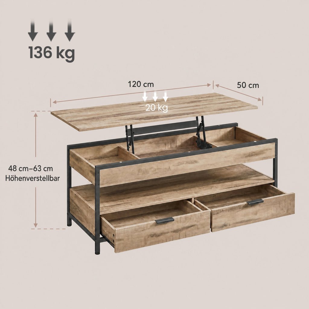 Höhenverstellbarer Kaffeetisch, Couchtisch, mit Schubladen