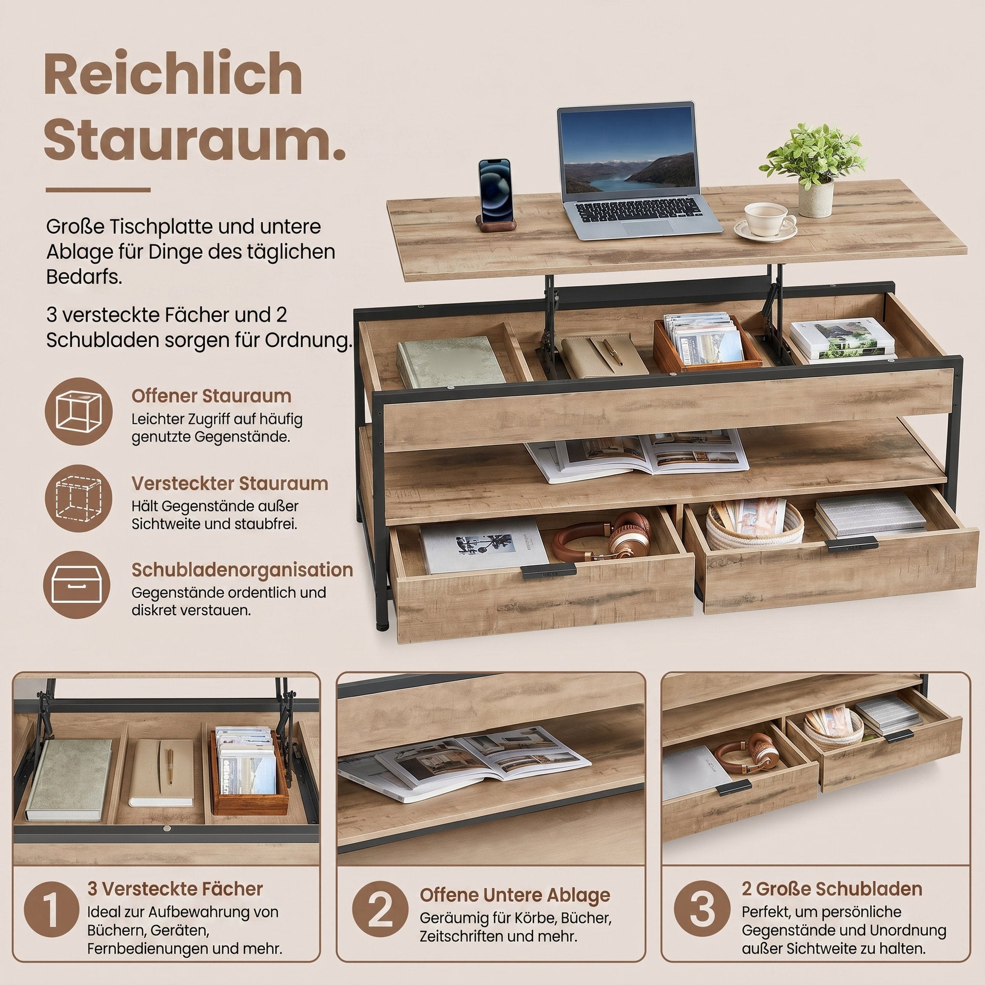 Höhenverstellbarer Kaffeetisch, Couchtisch, mit Schubladen