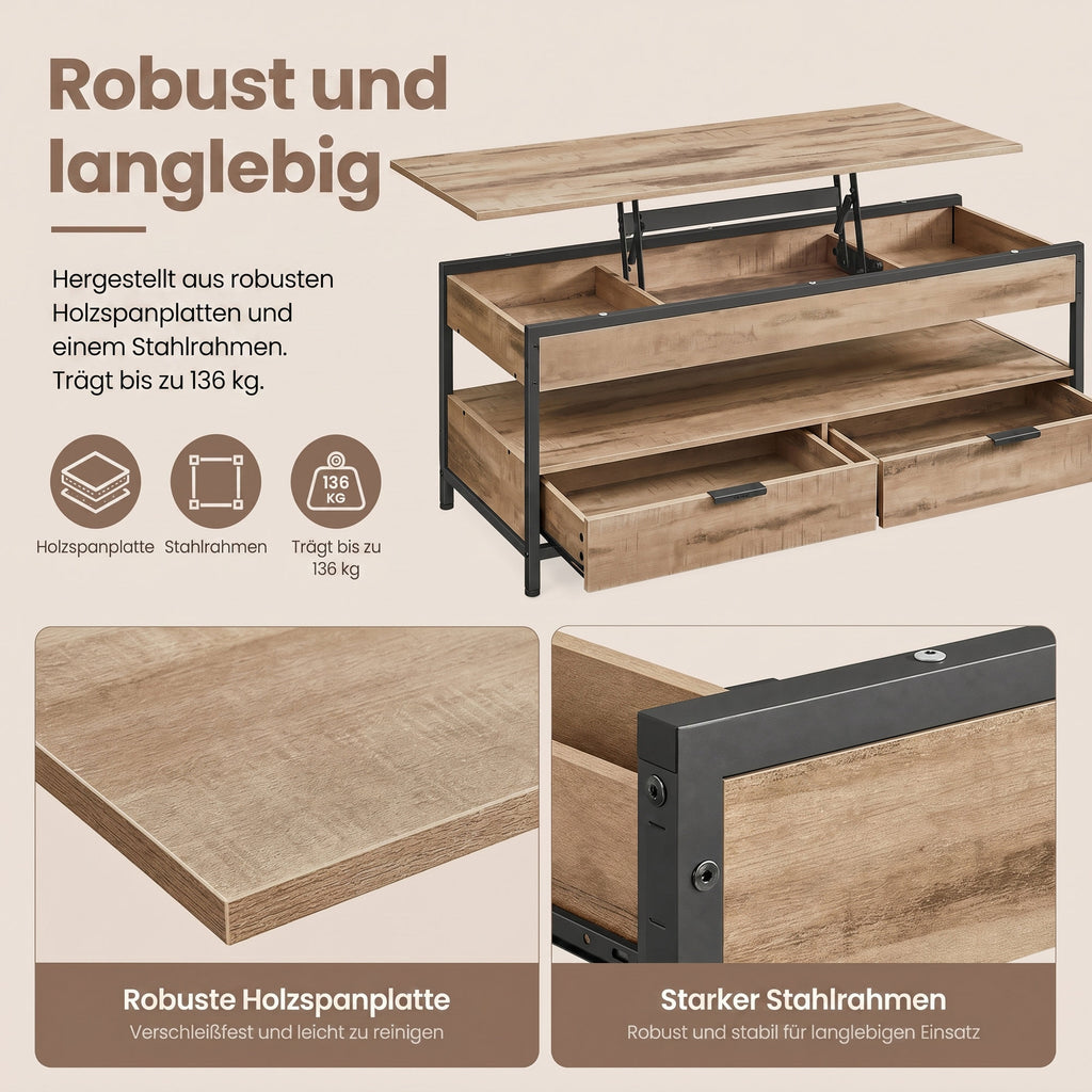 Höhenverstellbarer Kaffeetisch, Couchtisch, mit Schubladen