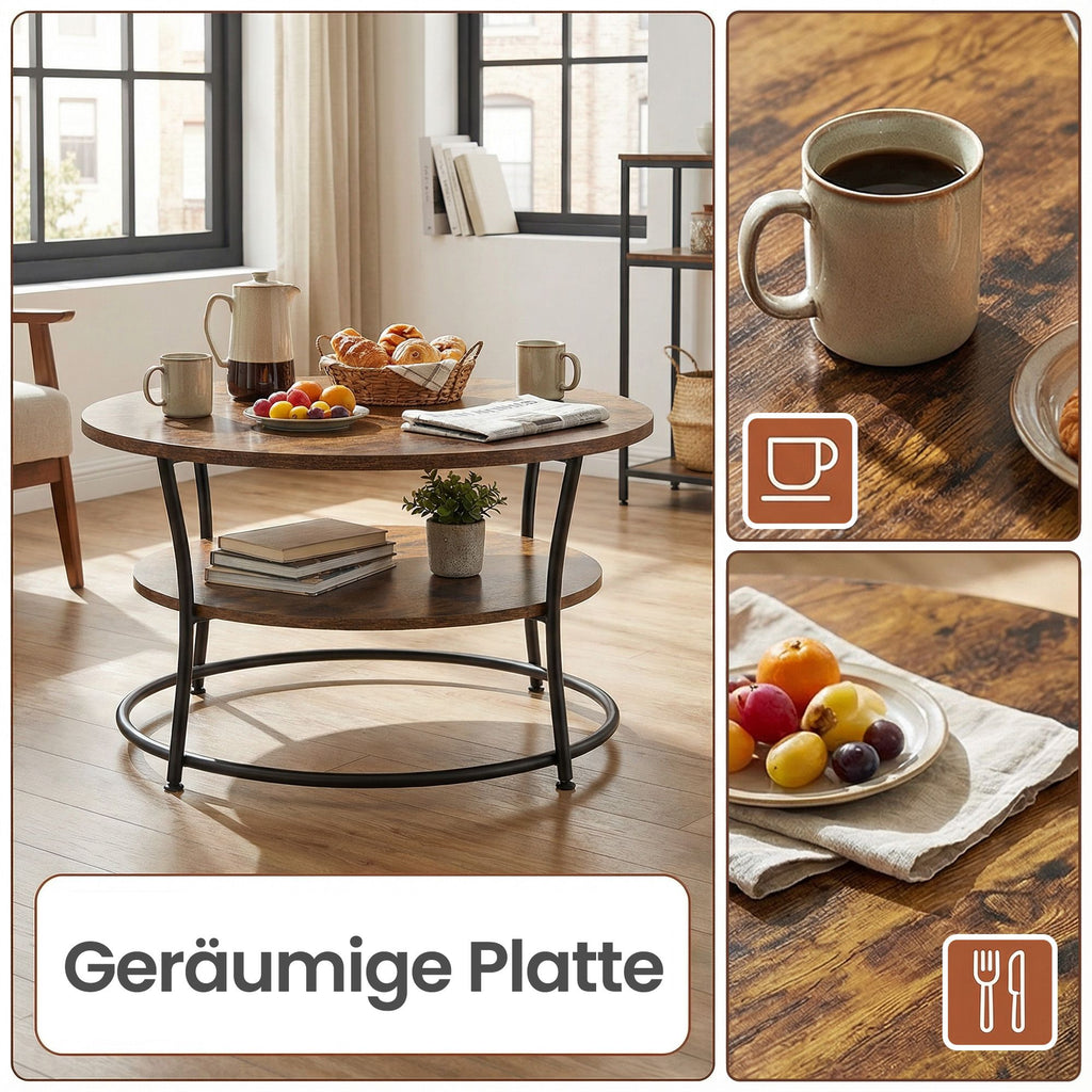 Couchtisch rund, Sofatisch mit Ablage, Wohnzimmertisch