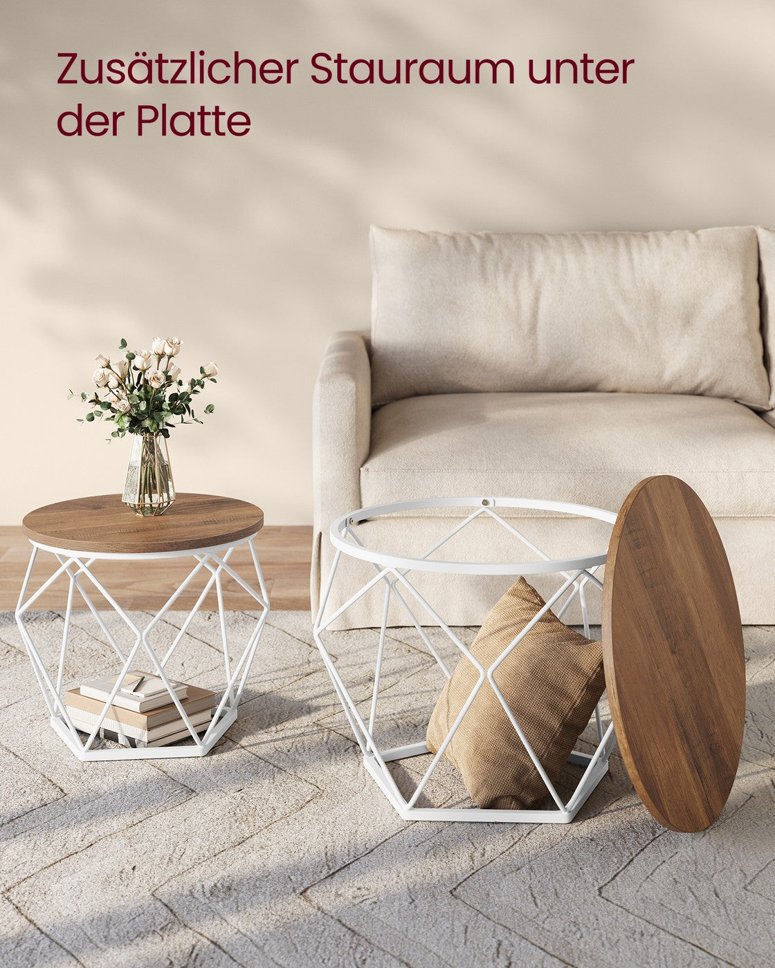 Couchtisch 2er Set mit abnehmbarer Tischplatte honigbraun-wolkenweiß