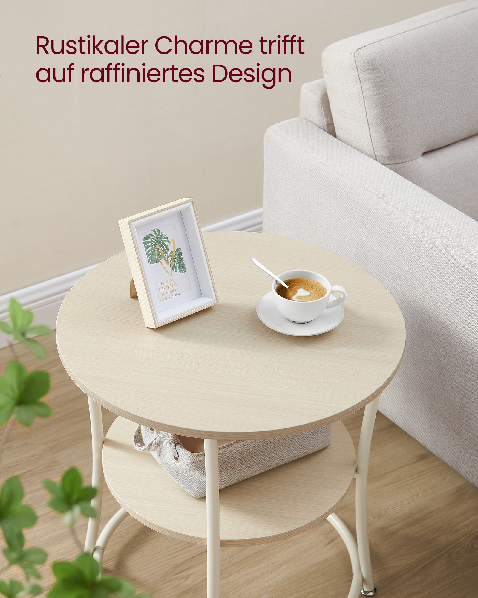 Beistelltisch mit 2 Ablagen und Stahlrahmen naturbeige