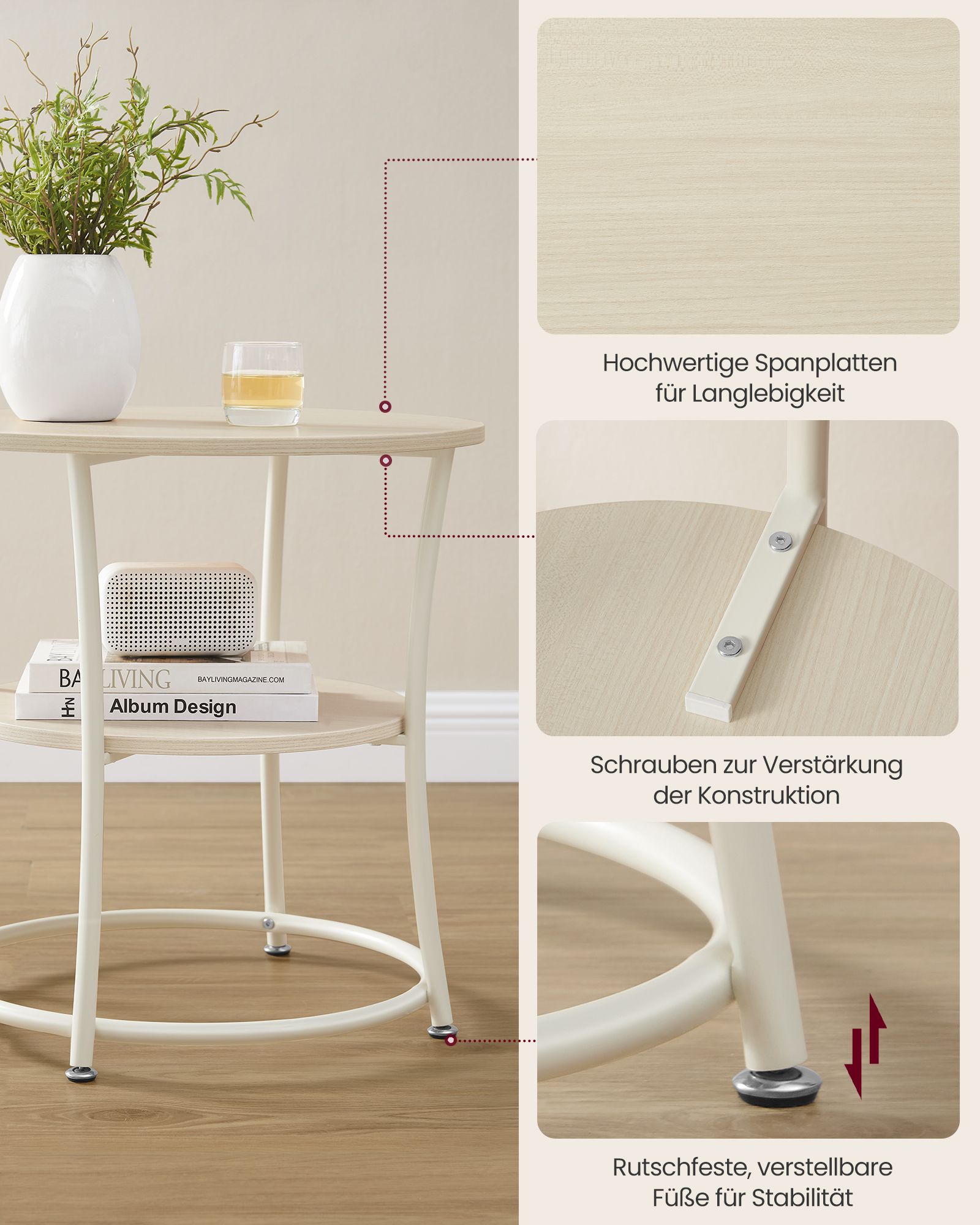 Beistelltisch mit 2 Ablagen und Stahlrahmen naturbeige