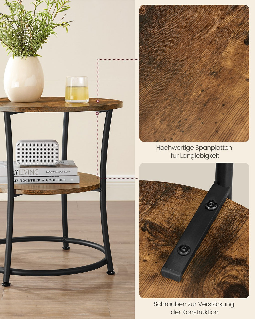 2-stufiger Couchtisch mit Steckdosenleiste vintagebraun-tintenschwarz