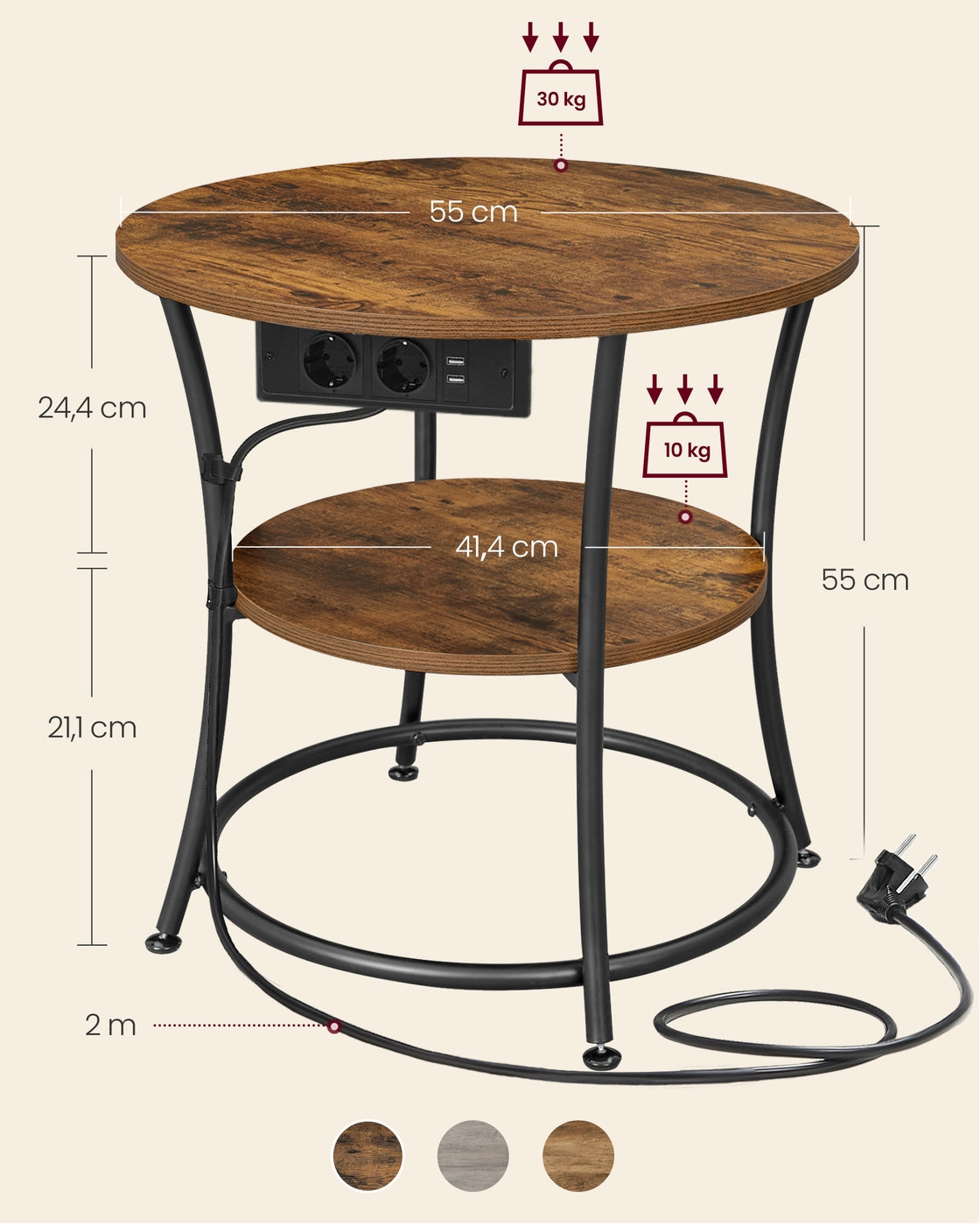 2-stufiger Couchtisch mit Steckdosenleiste vintagebraun-tintenschwarz