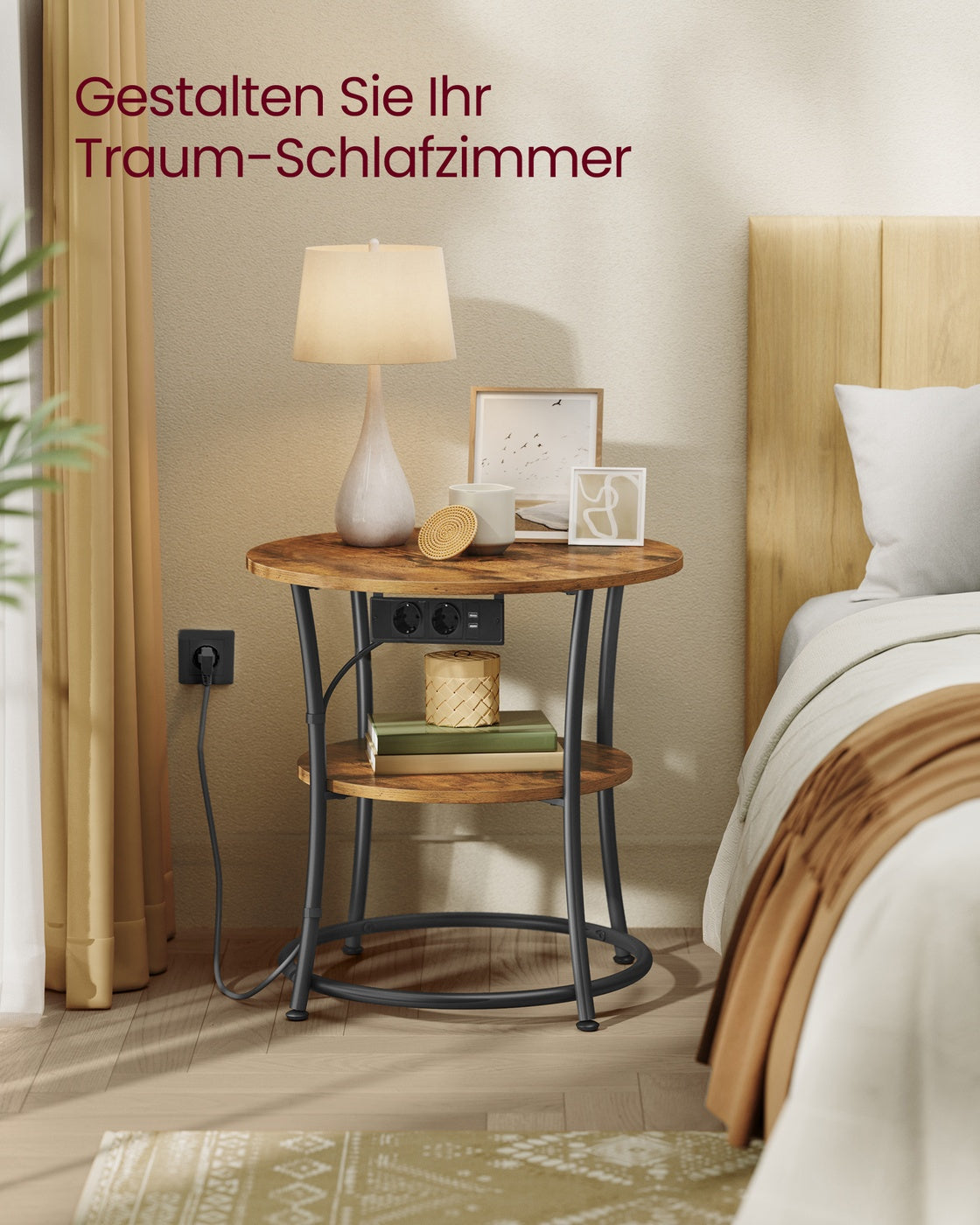 2-stufiger Couchtisch mit Steckdosenleiste vintagebraun-tintenschwarz