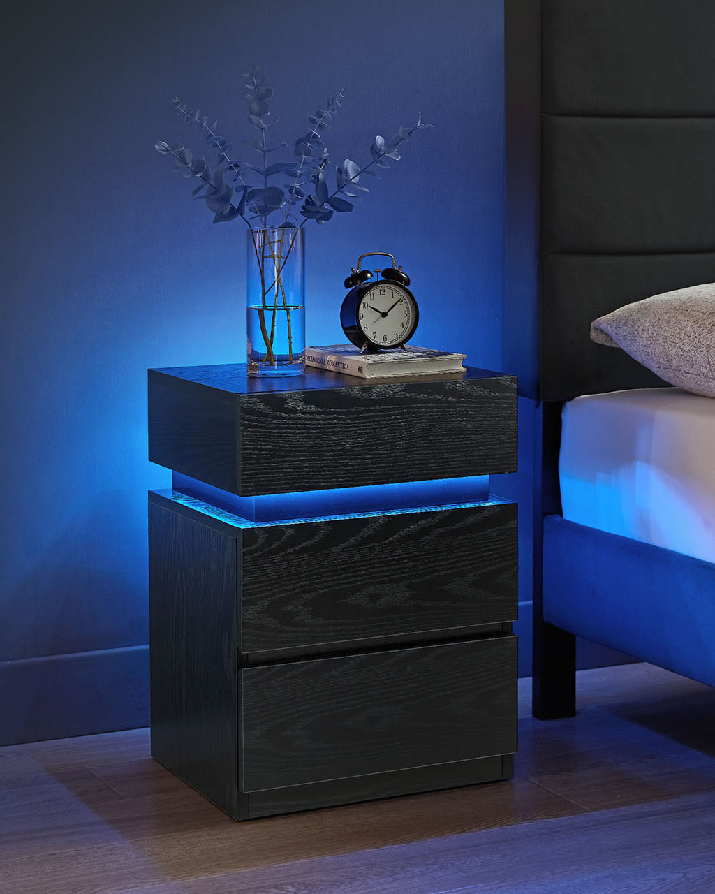 Nachttisch 2er Set mit LED-Beleuchtung und 3 Schubladen schwarz