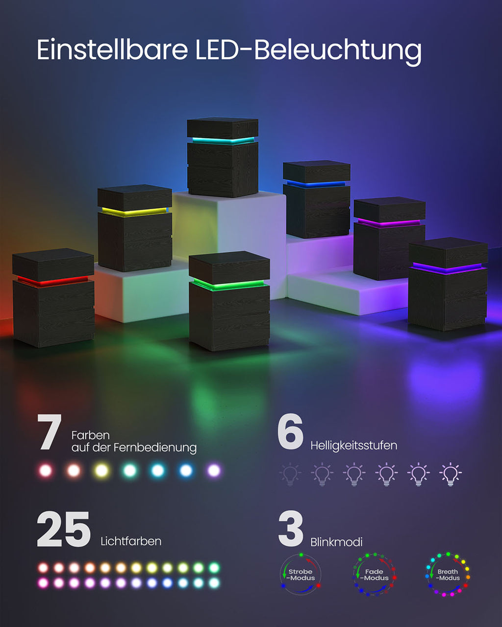 Nachttisch 2er Set mit LED-Beleuchtung und 3 Schubladen schwarz