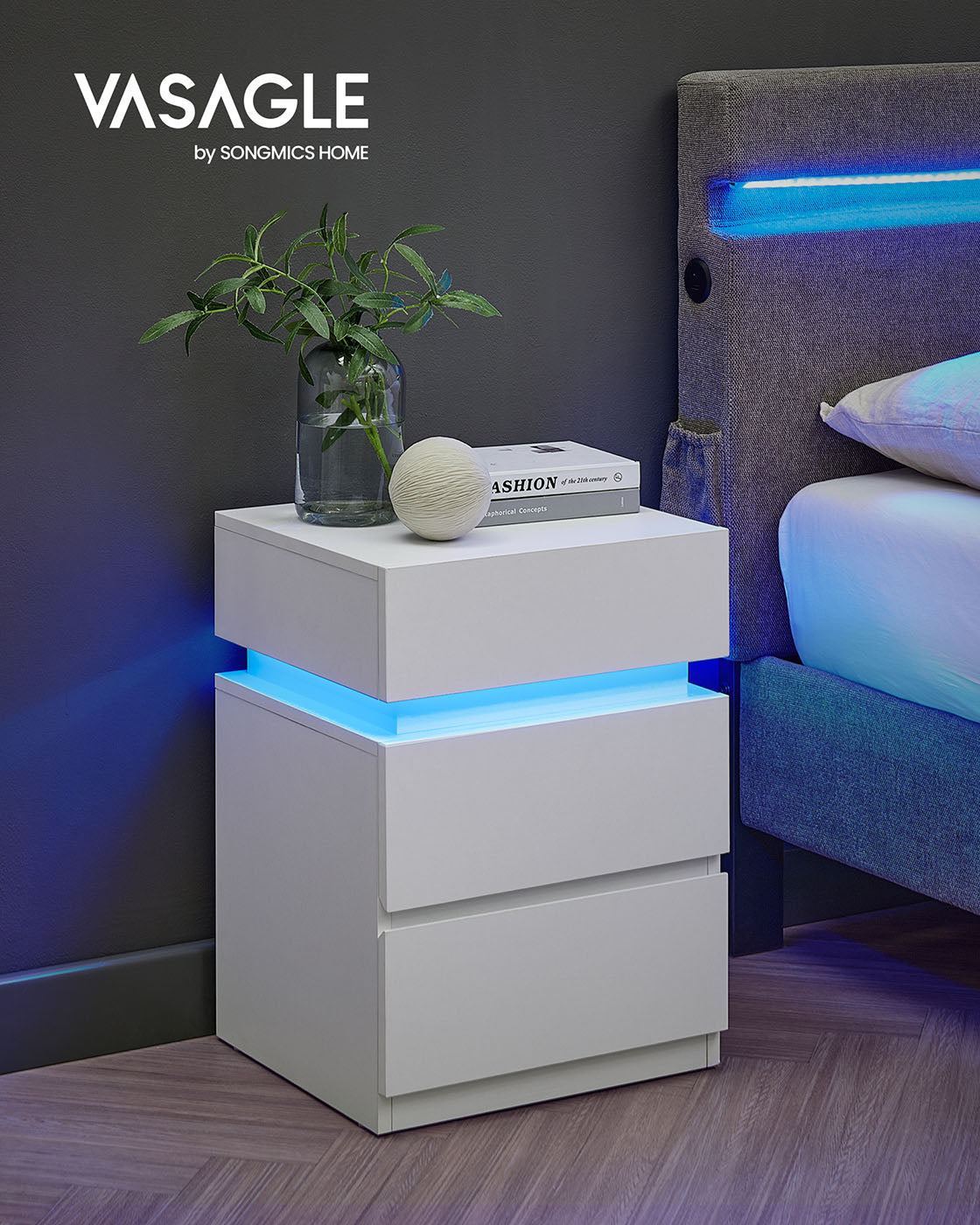 Nachttisch 2er Set mit LED-Beleuchtung und 3 Schubladen weiß