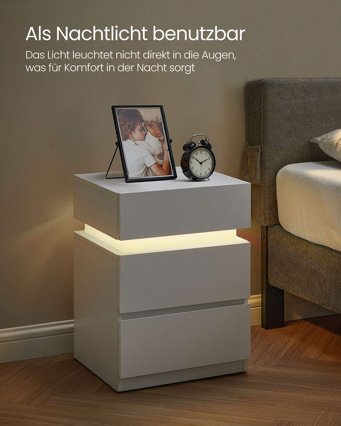 Nachttisch 2er Set mit LED-Beleuchtung und 3 Schubladen weiß