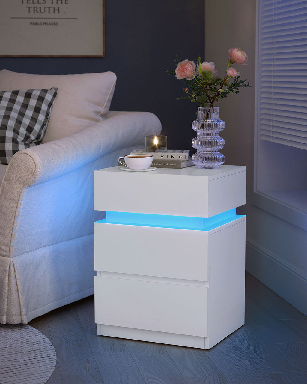 Nachttisch 2er Set mit LED-Beleuchtung und 3 Schubladen weiß