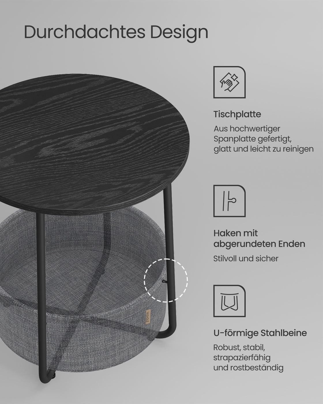 Beistelltisch mit Korb aus Stoff ebenholzschwarz-schiefergrau