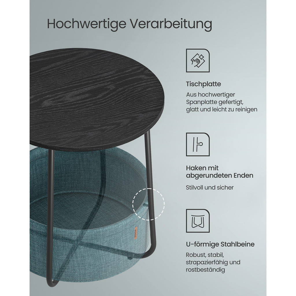 Runder Beistelltisch mit Korb aus Stoff schwarze Holzoptik-dunkeltürkis