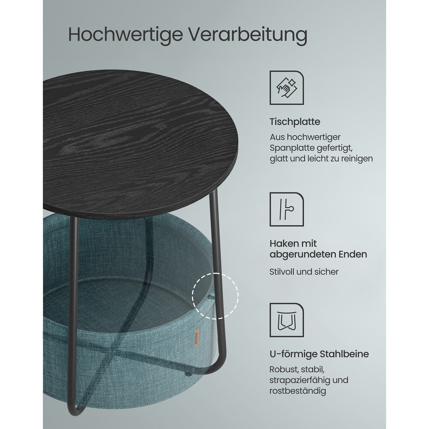 Runder Beistelltisch mit Korb aus Stoff schwarze Holzoptik-dunkeltürkis