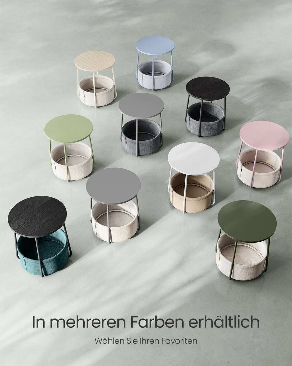 Beistelltisch rund mit Korb aus Stoff