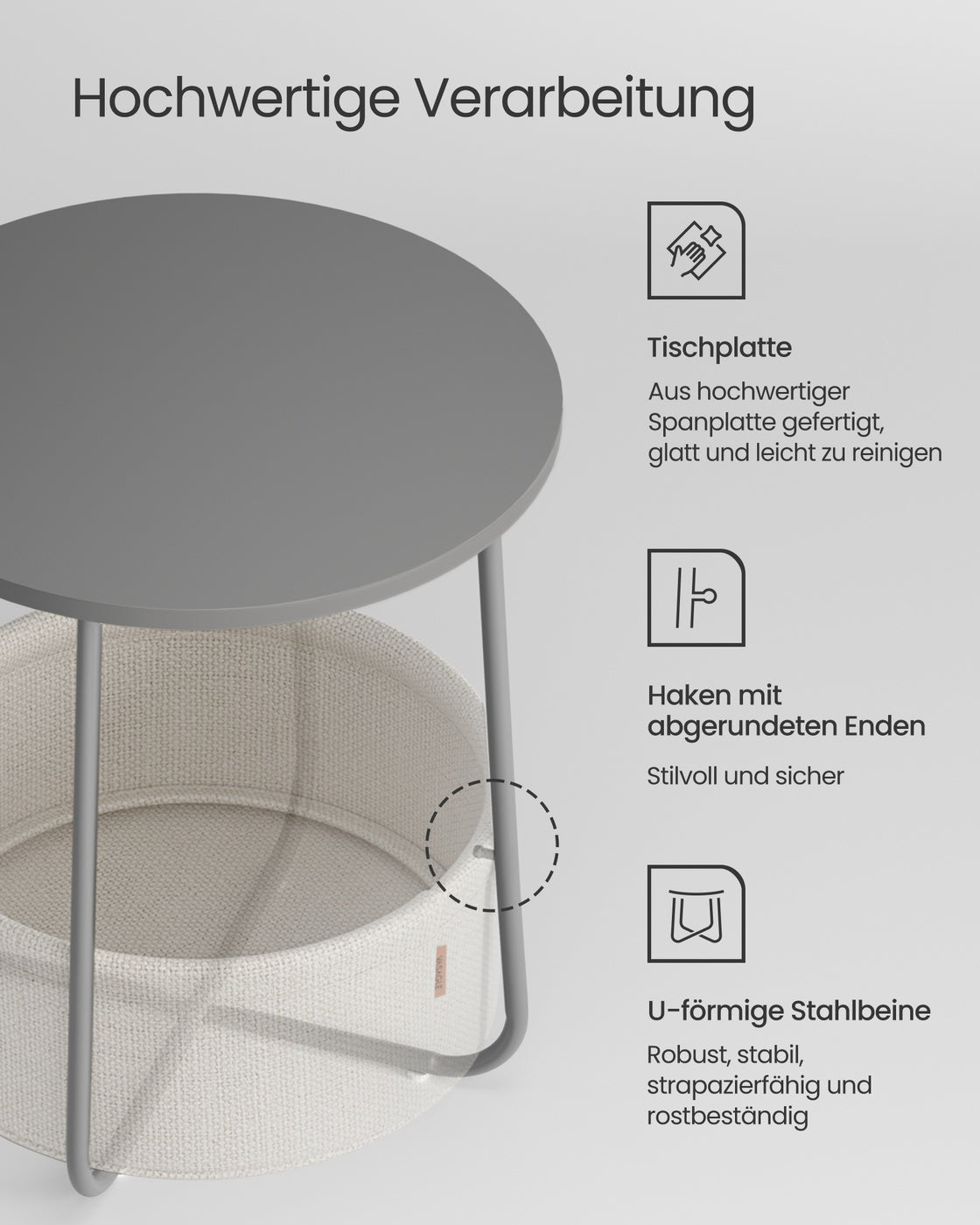 Beistelltisch rund mit Korb aus Stoff