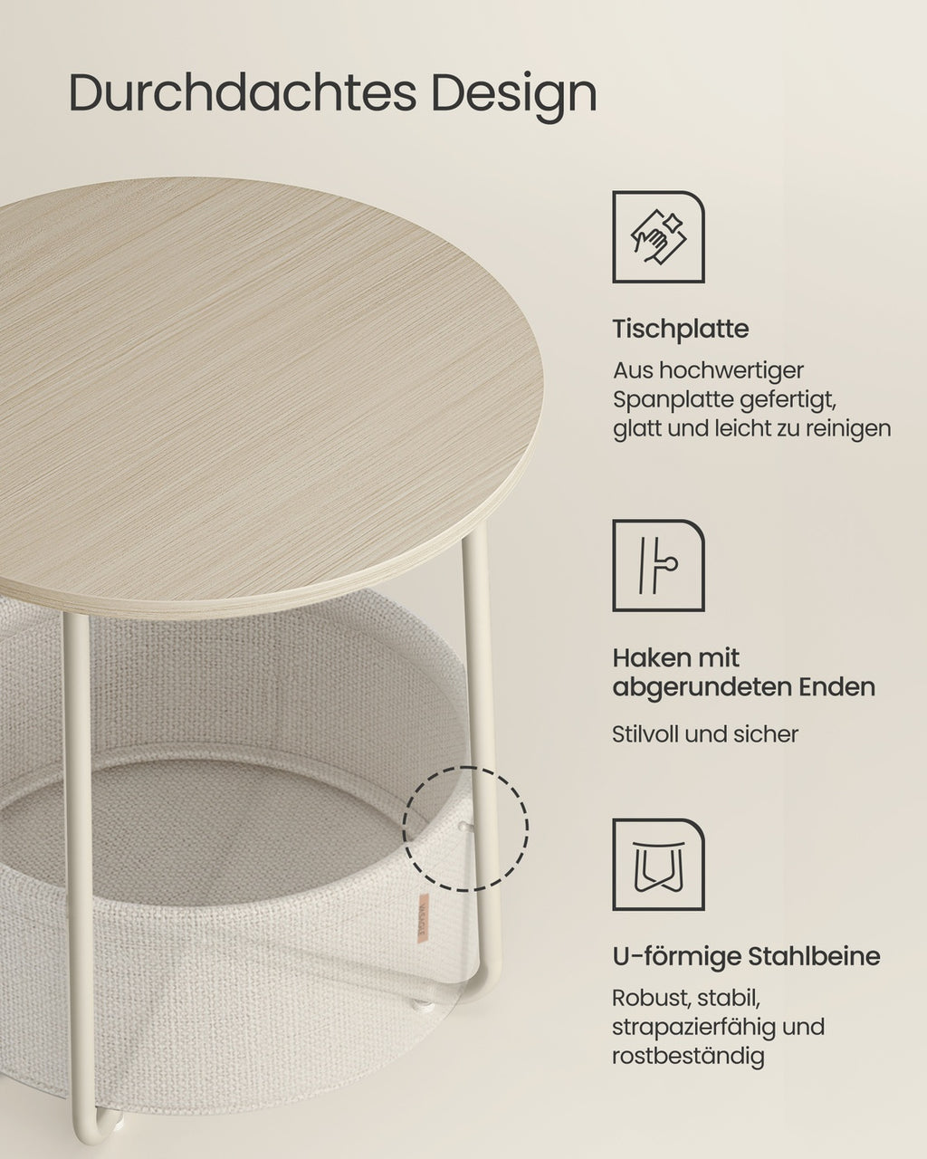 Beistelltisch rund mit Korb aus Stoff