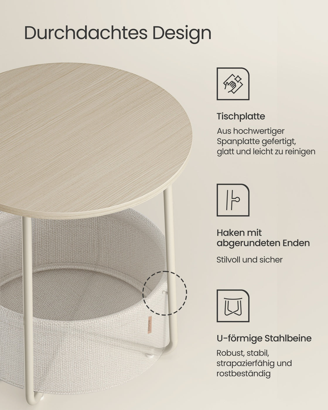 Beistelltisch rund mit Korb aus Stoff
