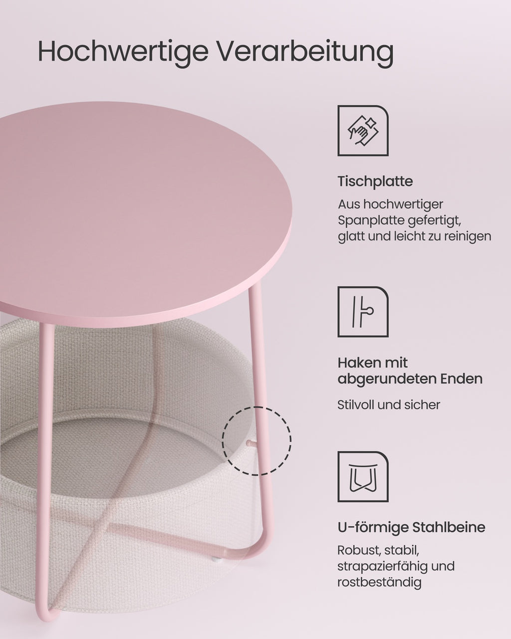 Runder Beistelltisch mit Korb aus Stoff pastellrosa-wolkenweiß