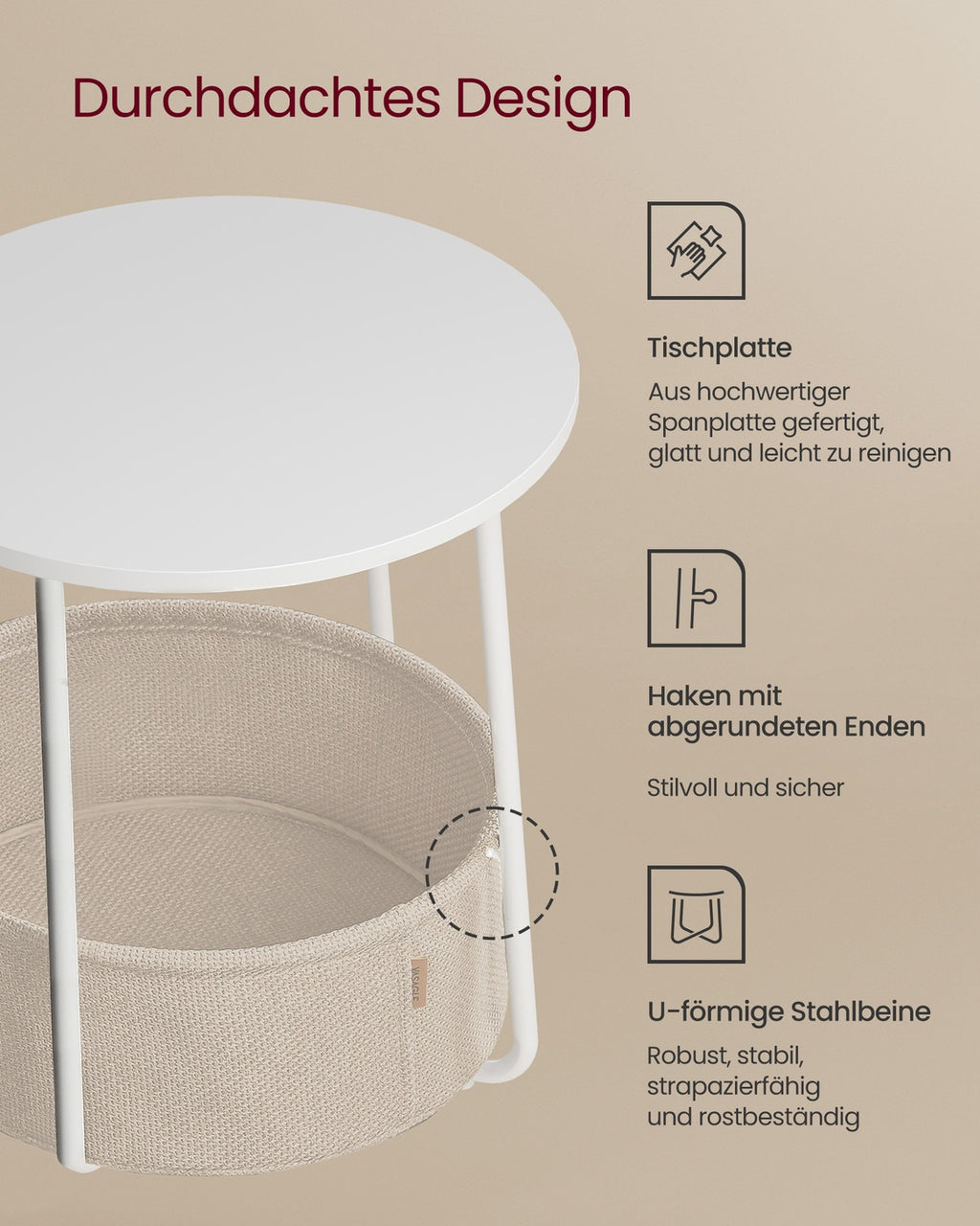 Runder Beistelltisch mit Korb aus Stoff
